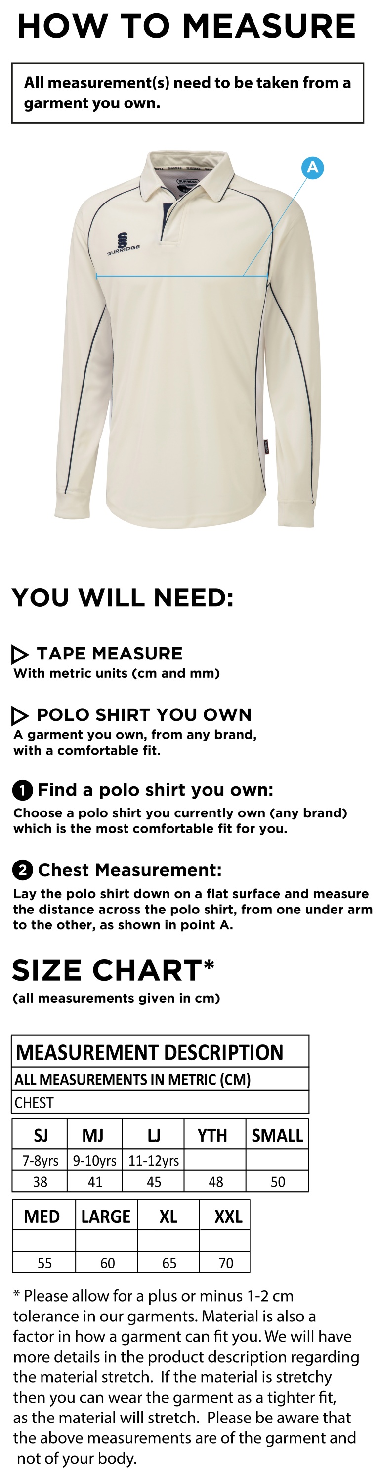 Bradninch CC - Premier Long Sleeved Shirt - Size Guide