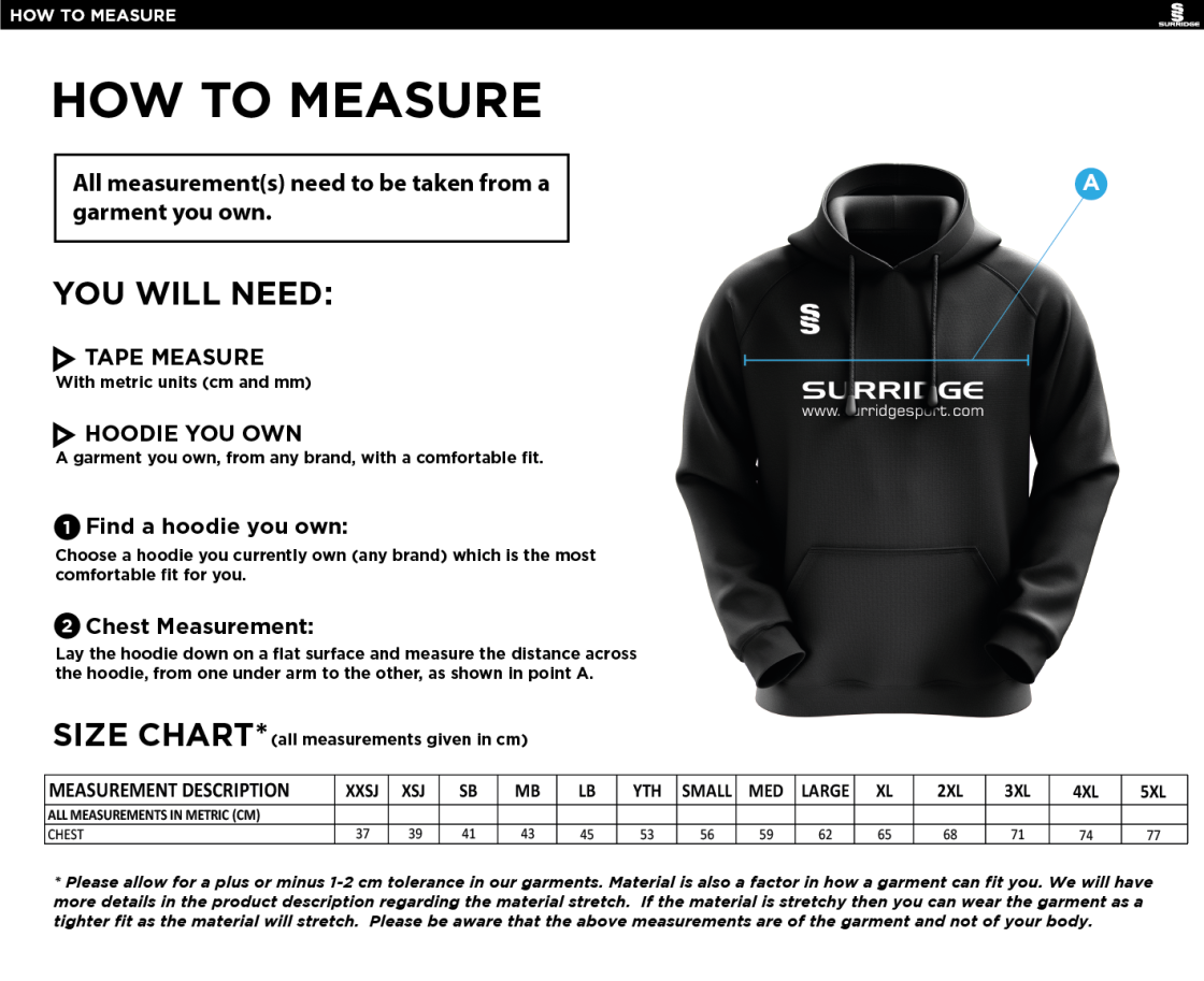 Bradninch CC - Fuse Hoody : Black / White - Size Guide