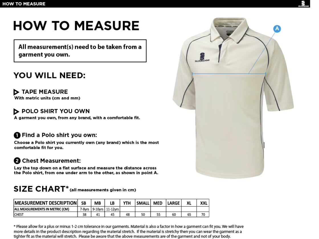Bradninch CC - Premier 3/4 Sleeved Shirt - Size Guide