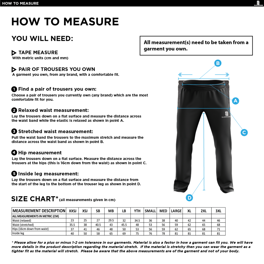 Bradninch CC - Classic Tracksuit Pant - Size Guide