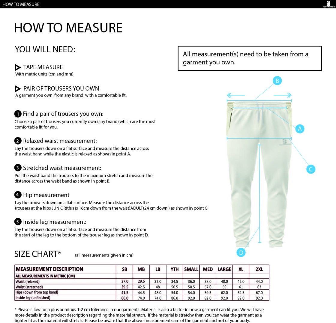 Bradninch CC - Tek Playing Trousers - Size Guide