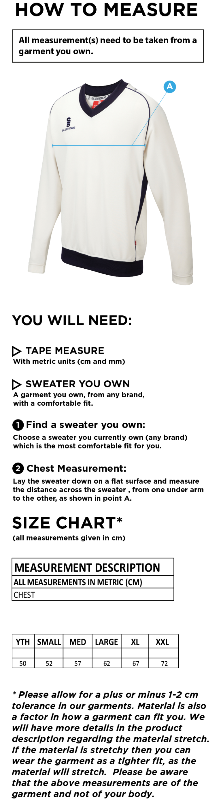Bradninch CC - Long Sleeved Sweater - Size Guide