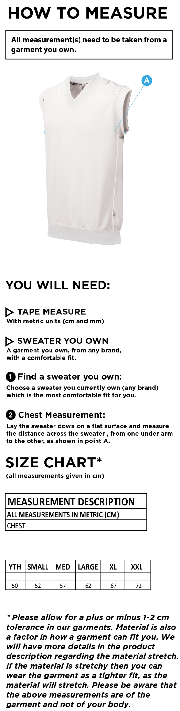 Bradninch CC - Sleeveless Sweater - Size Guide