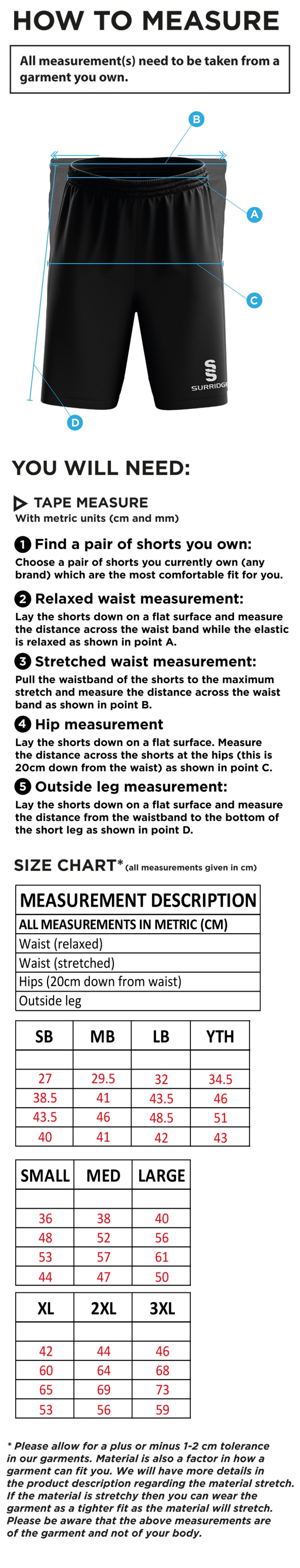 Bradninch CC - Blade Shorts : Black - Size Guide