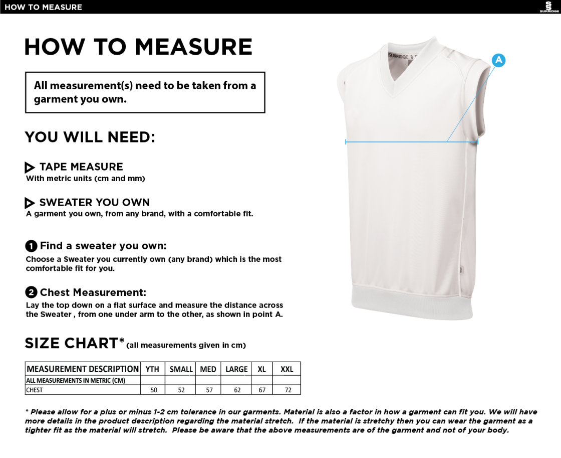 Bradninch CC - Sleeveless Sweater - Size Guide