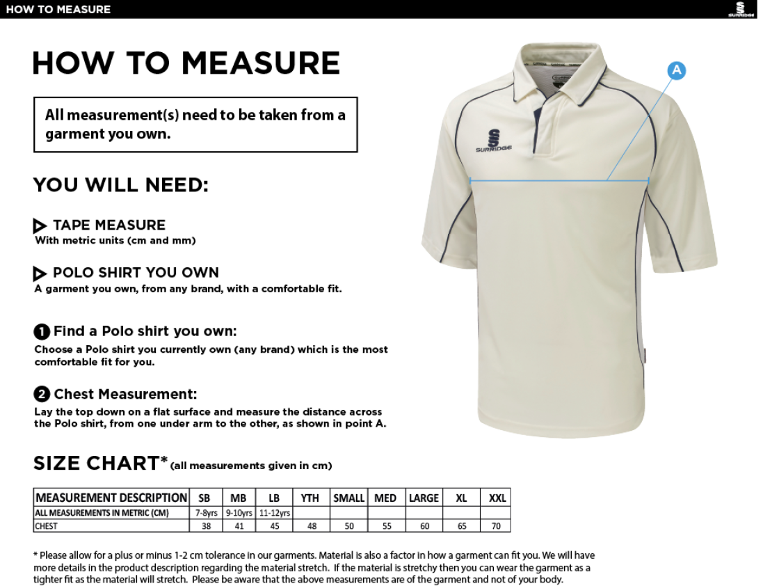 Bradninch CC - Premier 3/4 Sleeved Shirt - Size Guide