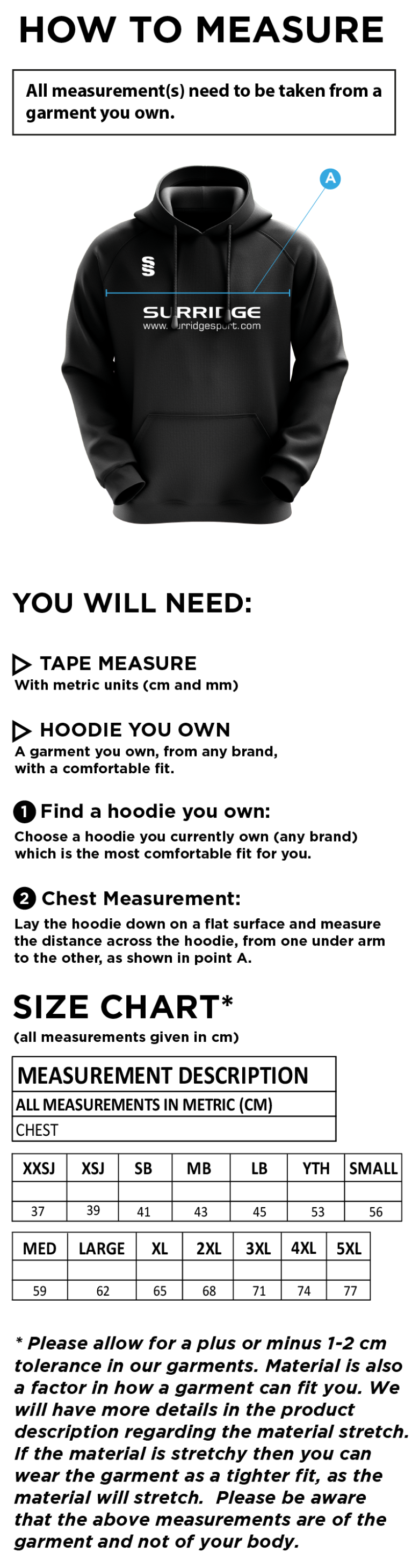 Bradninch CC - Fuse Hoody : Black / White - Size Guide