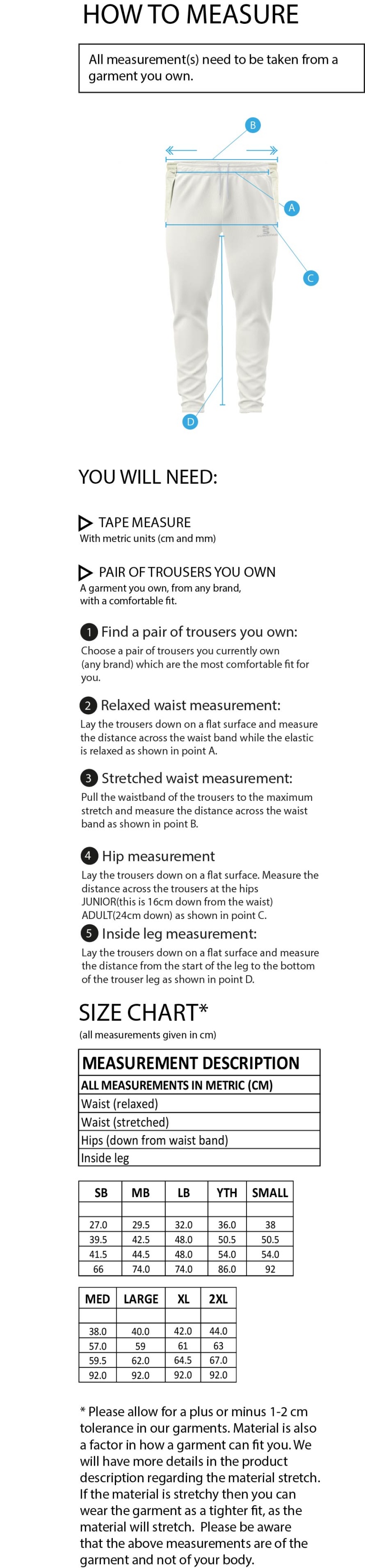 Bradninch CC - Tek Playing Trousers - Size Guide