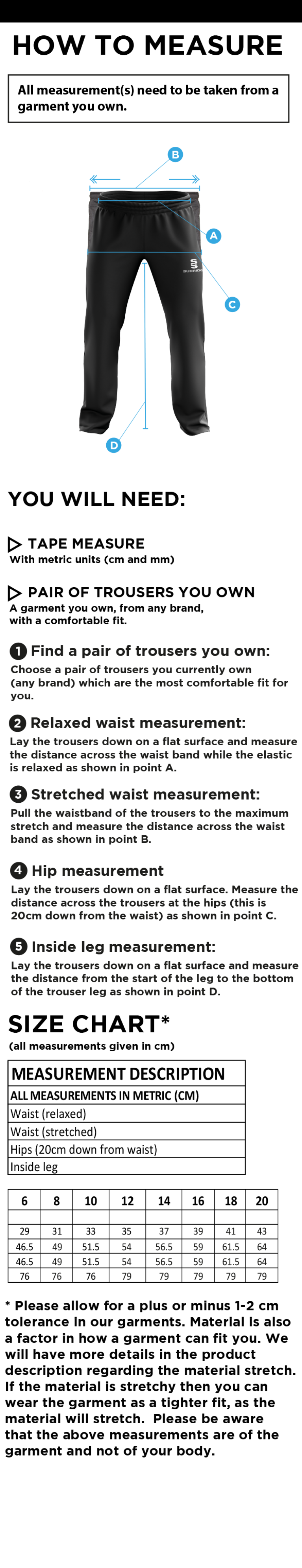 Bradninch CC - Women's Classic Tracksuit Pant - Size Guide