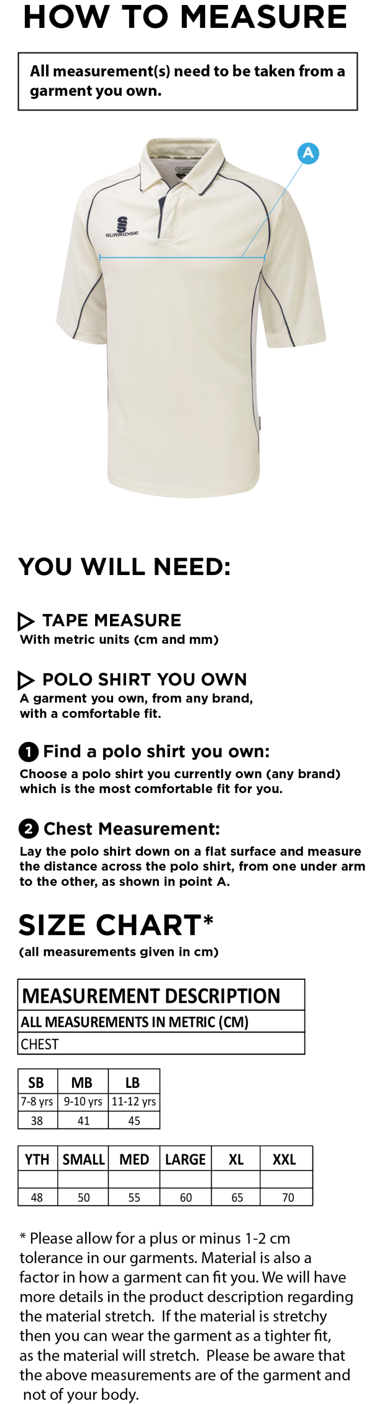 Bradninch CC - Premier 3/4 Sleeved Shirt - Size Guide