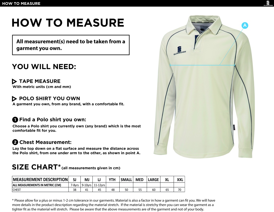 Bradninch CC - Premier Long Sleeved Shirt - Size Guide