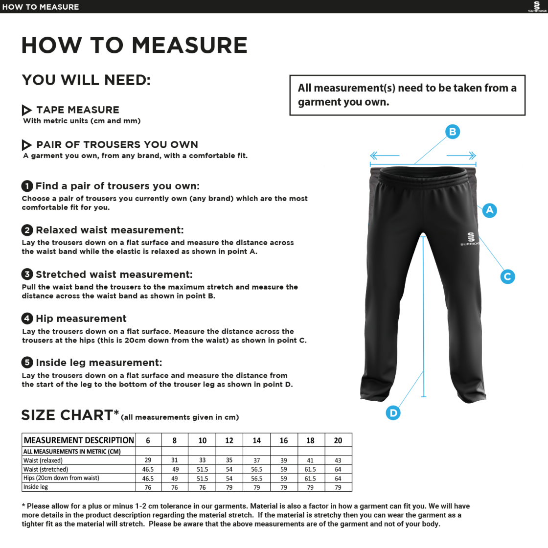 Bradninch CC - Women's Classic Tracksuit Pant - Size Guide