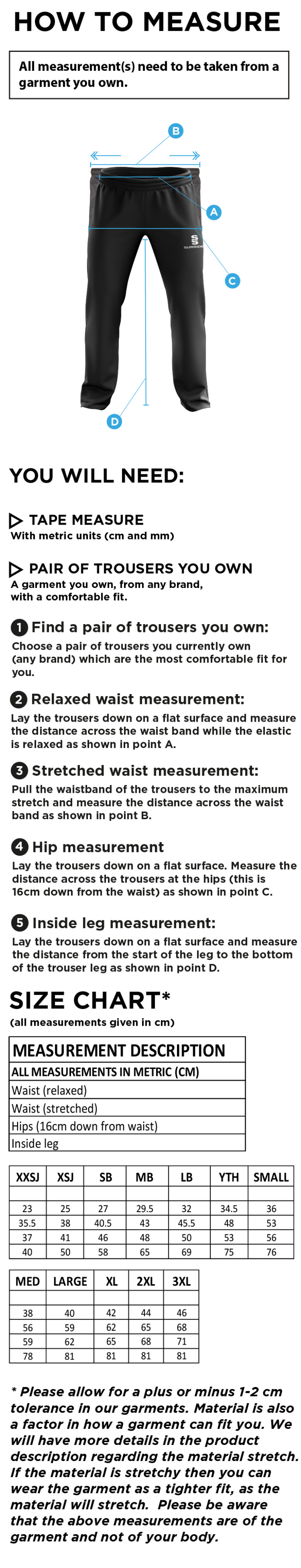 Bradninch CC - Classic Tracksuit Pant - Size Guide